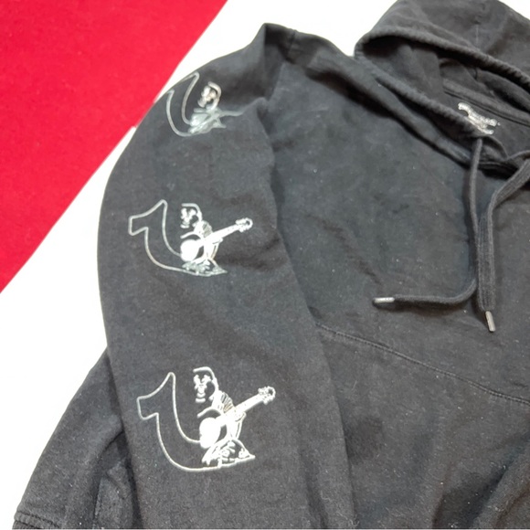 True Religion BLACK HOODIE Horseshoe Pullover Hooded SWEATSHIRT silver Graphic M - Picture 12 of 13